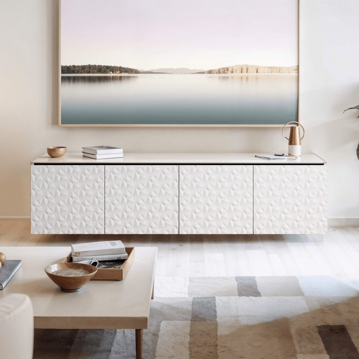 Salamander Designs Milan media cabinet white finish with black glass top modern AV cabinet