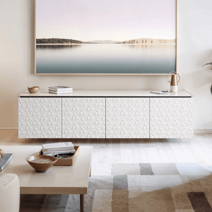 Salamander Designs Milan media cabinet white finish with black glass top modern AV cabinet