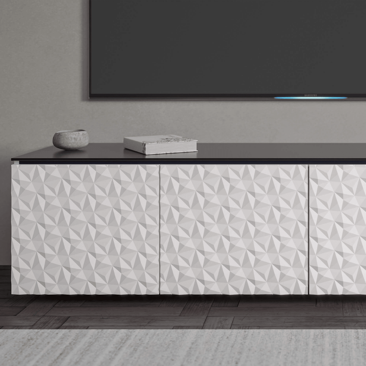 Salamander Designs Milan media cabinet white finish with black glass top modern AV cabinet
