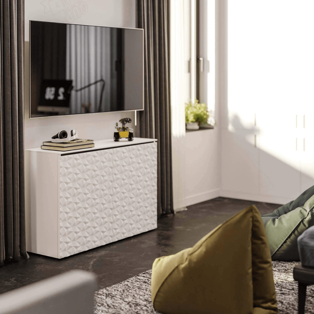 Salamander Designs Milan media cabinet white finish with black glass top modern AV cabinet 2 bay