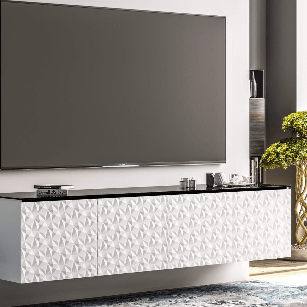 Salamander Designs Milan media cabinet white finish with black glass top modern AV cabinet 4 bay