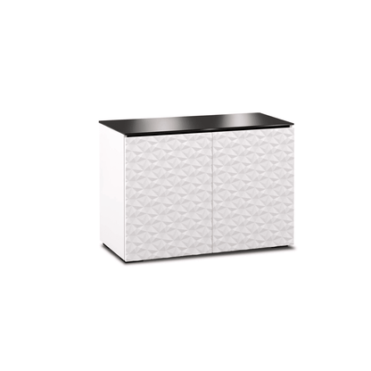 Salamander Designs Milan media cabinet white finish with black glass top modern AV cabinet 2 bay