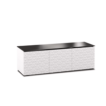 Salamander Designs Milan media cabinet white finish with black glass top modern AV cabinet front view