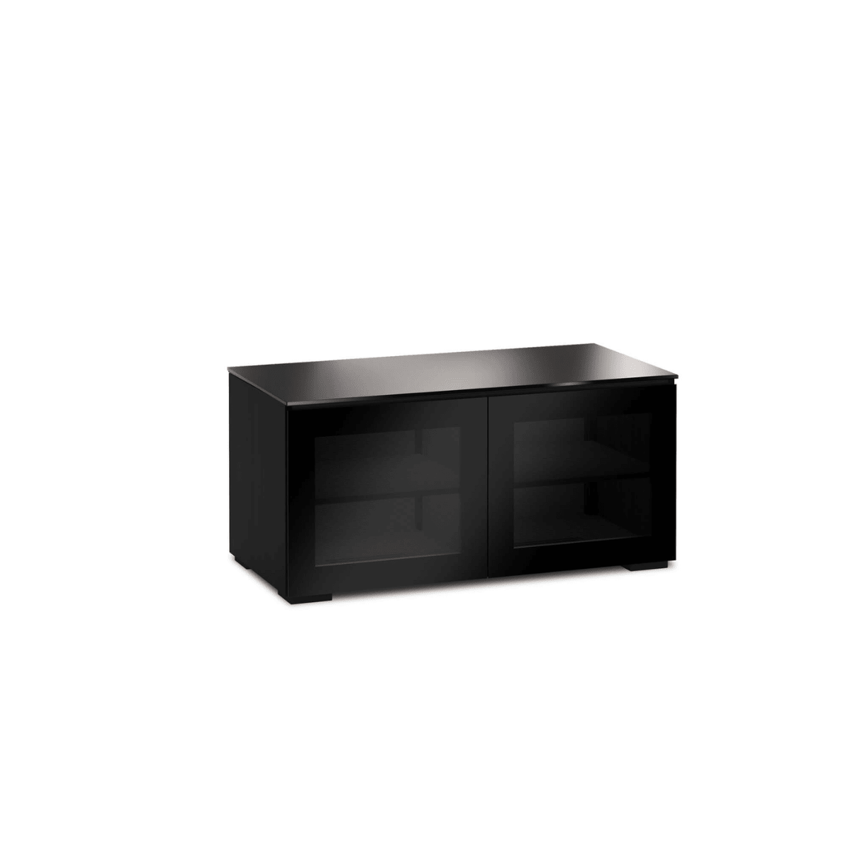 Black rectangular cabinet with glass doors on a white background