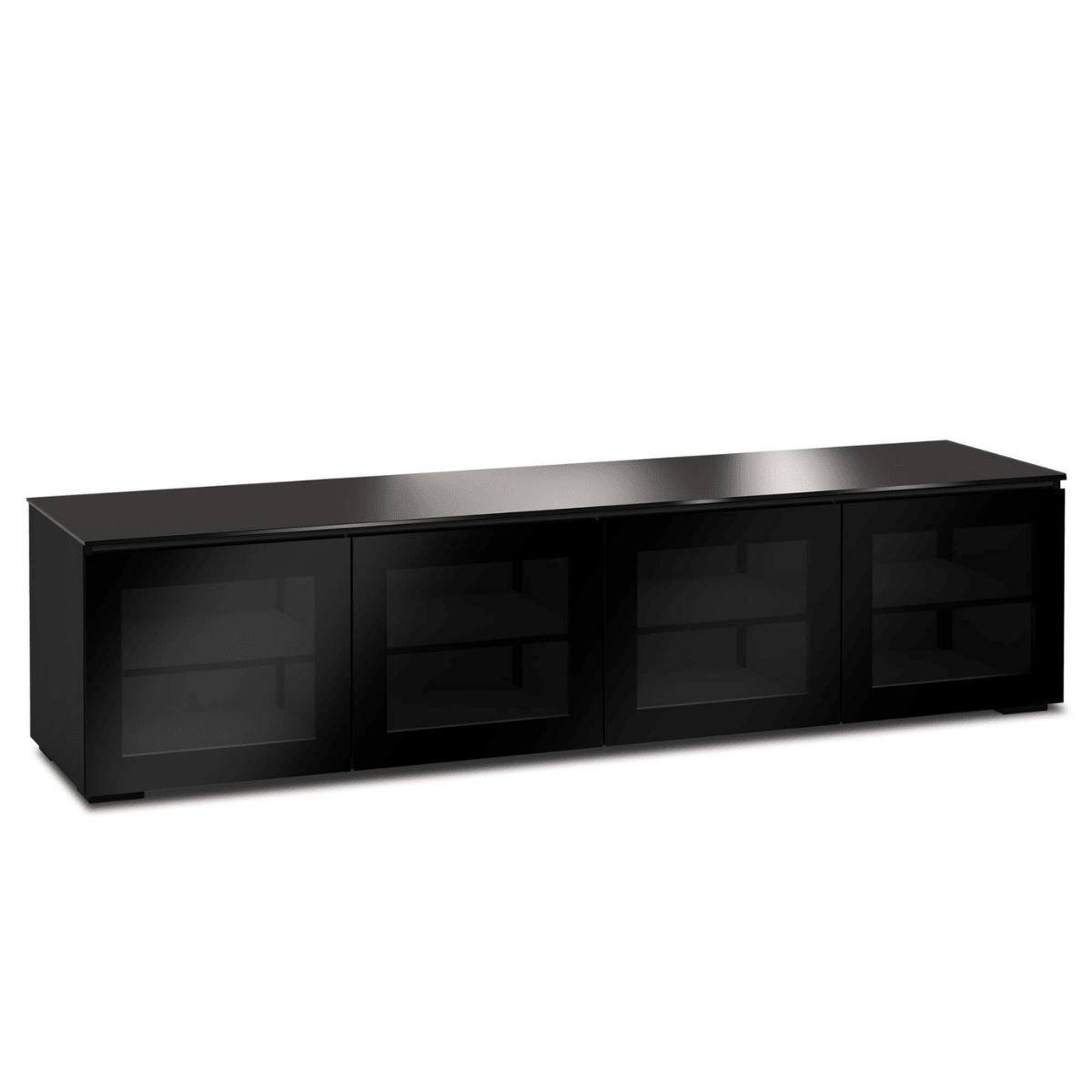 Black entertainment console with glass doors on a white background