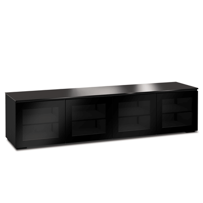 Black entertainment console with glass doors on a white background