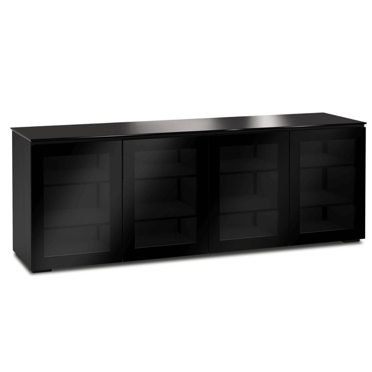 Black entertainment console with glass doors on a white background