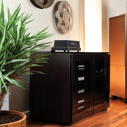 Black office desk with drawers in a room with a plant and wooden cabinet.