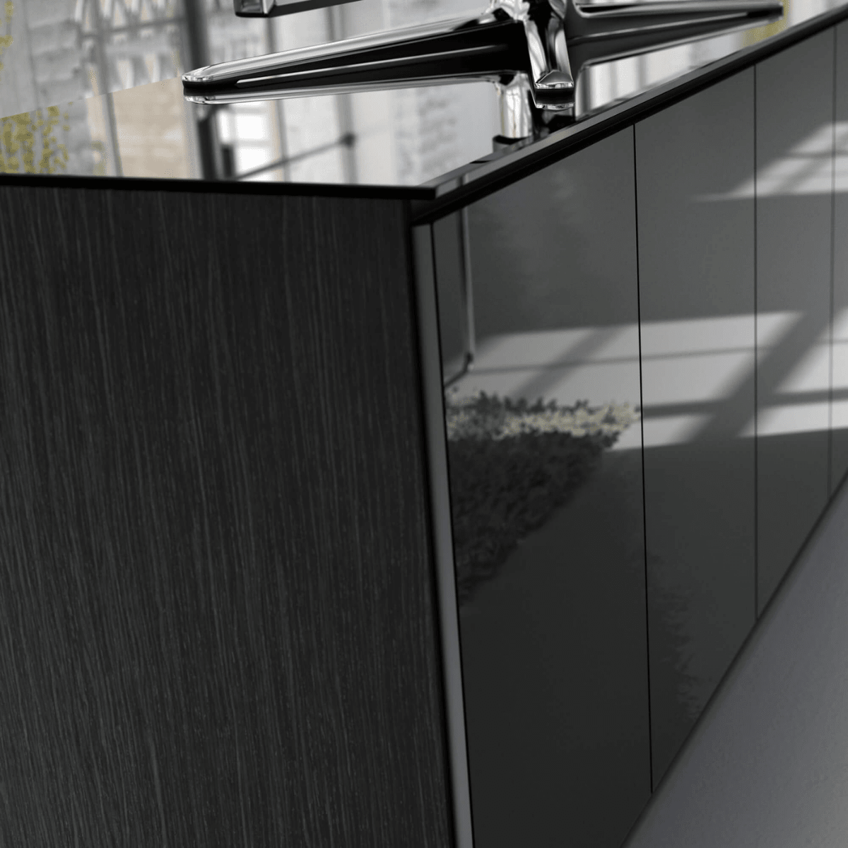 Modern kitchen cabinet with a metallic handle in a minimalistic setting