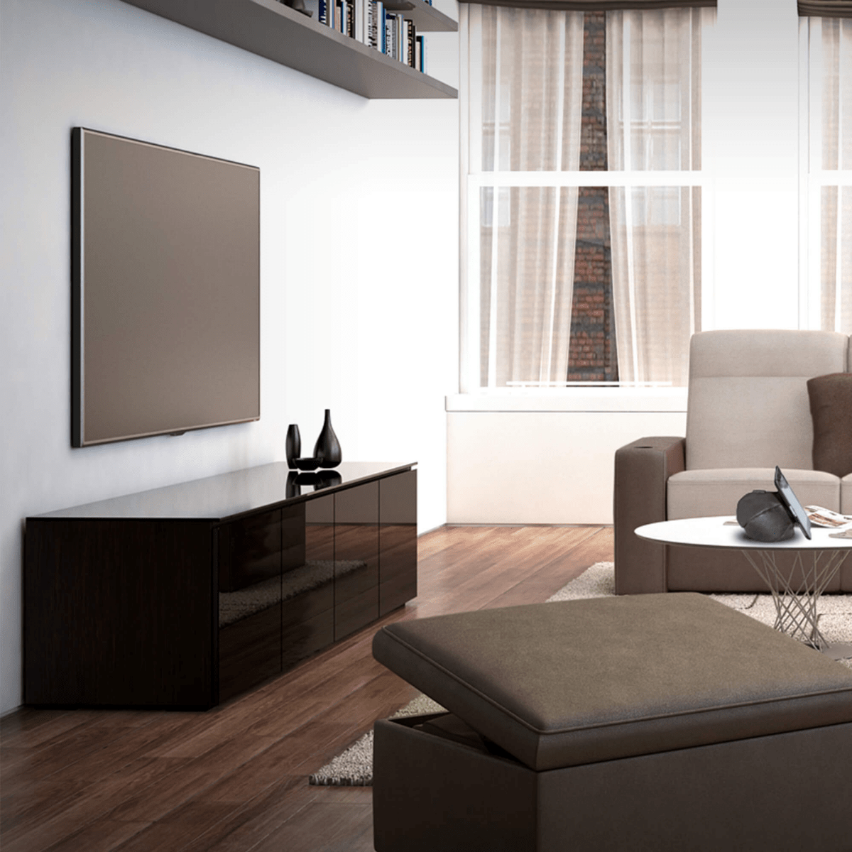 Modern living room with a television, cabinet, and sofa.