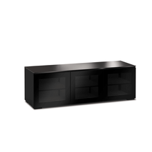 Black TV stand with glass panels on a white background