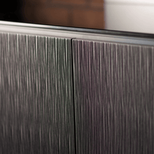 Salamander Designs Seattle media cabinet gray oak with black glass top modern AV cabinet closeup