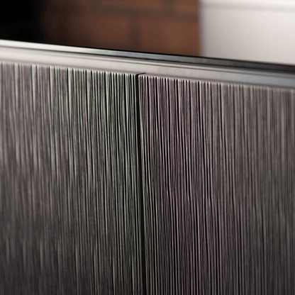 Salamander Designs Seattle media cabinet gray oak with black glass top modern AV cabinet closeup