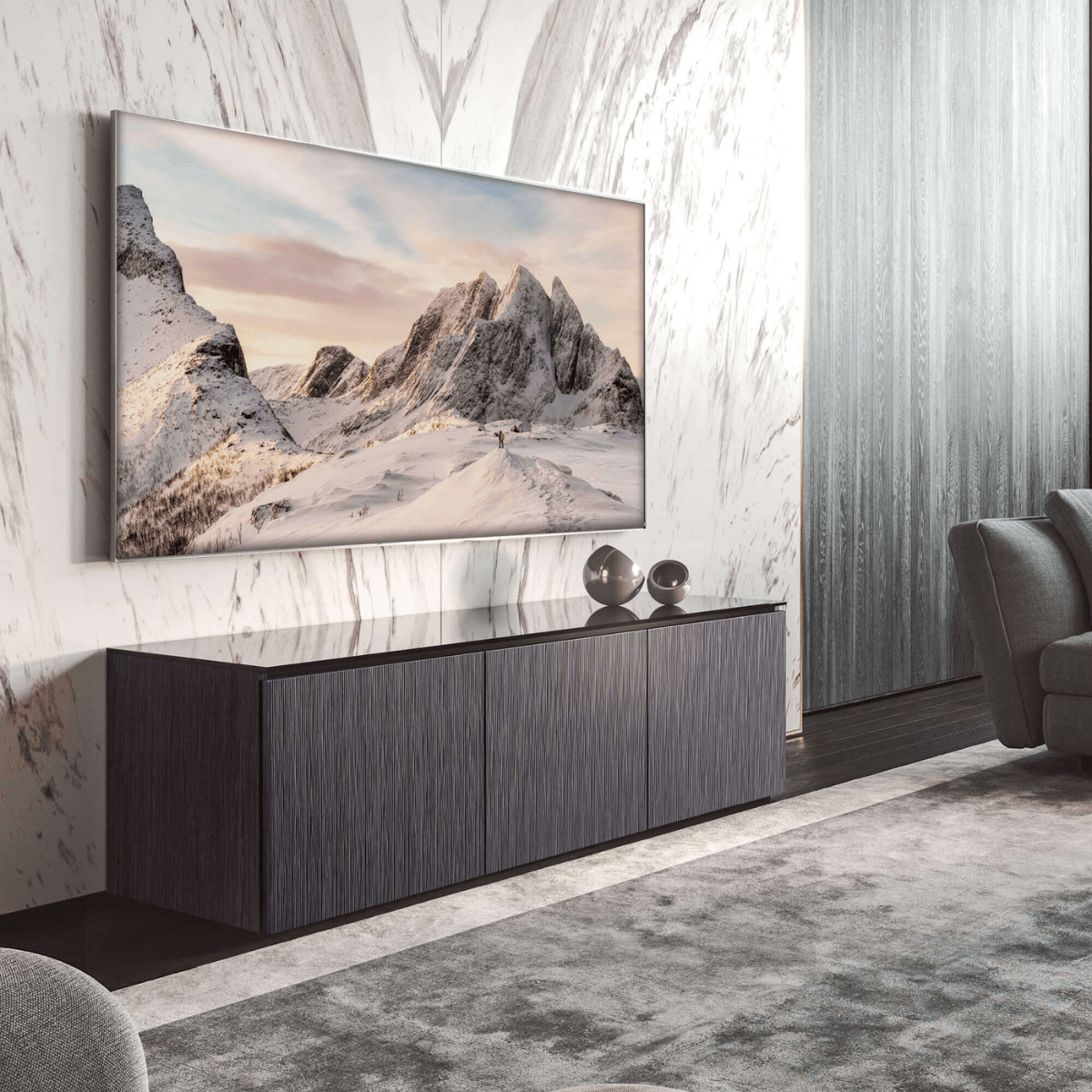 Salamander Designs Seattle media cabinet gray oak with black glass top modern AV cabinet 3 bay