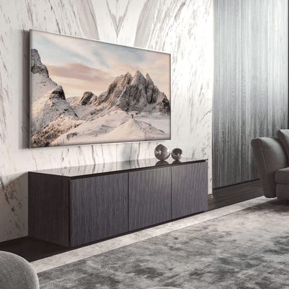 Salamander Designs Seattle media cabinet gray oak with black glass top modern AV cabinet 3 bay