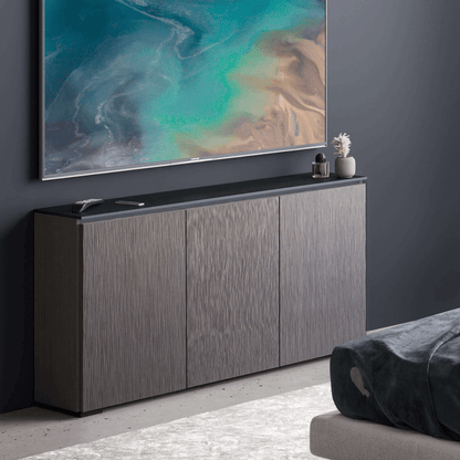 Salamander Designs Seattle media cabinet gray oak with black glass top modern AV cabinet 3 bay