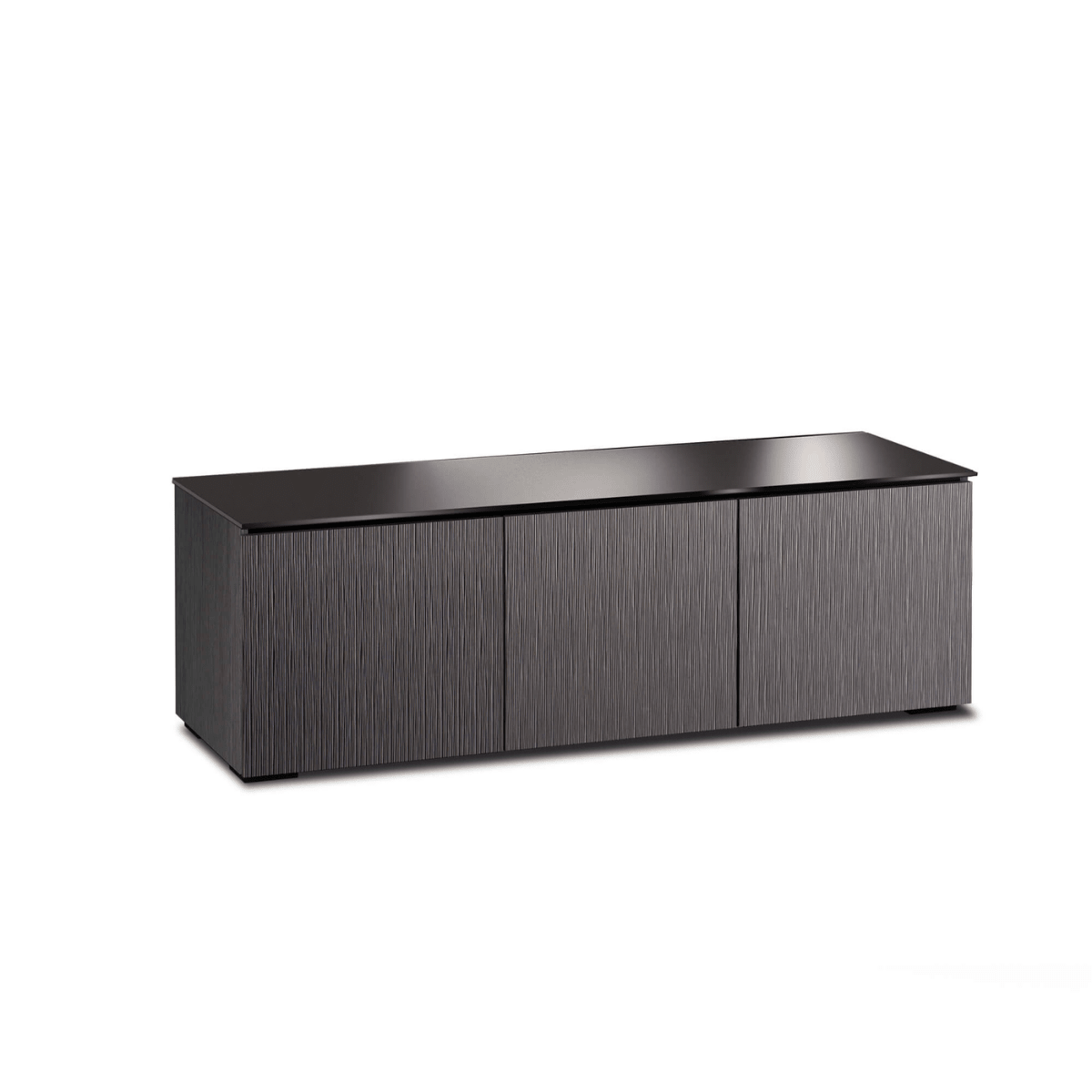 Salamander Designs Seattle media cabinet gray oak with black glass top modern AV cabinet 3 bay