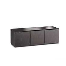 Salamander Designs Seattle media cabinet gray oak with black glass top modern AV cabinet 3 bay