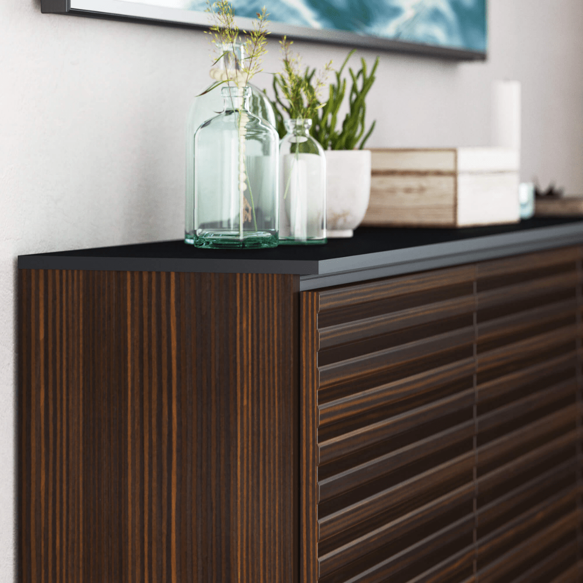 Salamander Designs Zurich media cabinet opium brown with black glass top modern AV cabinet closeup 