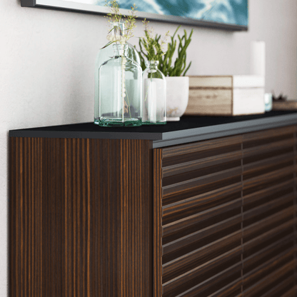 Salamander Designs Zurich media cabinet opium brown with black glass top modern AV cabinet closeup 