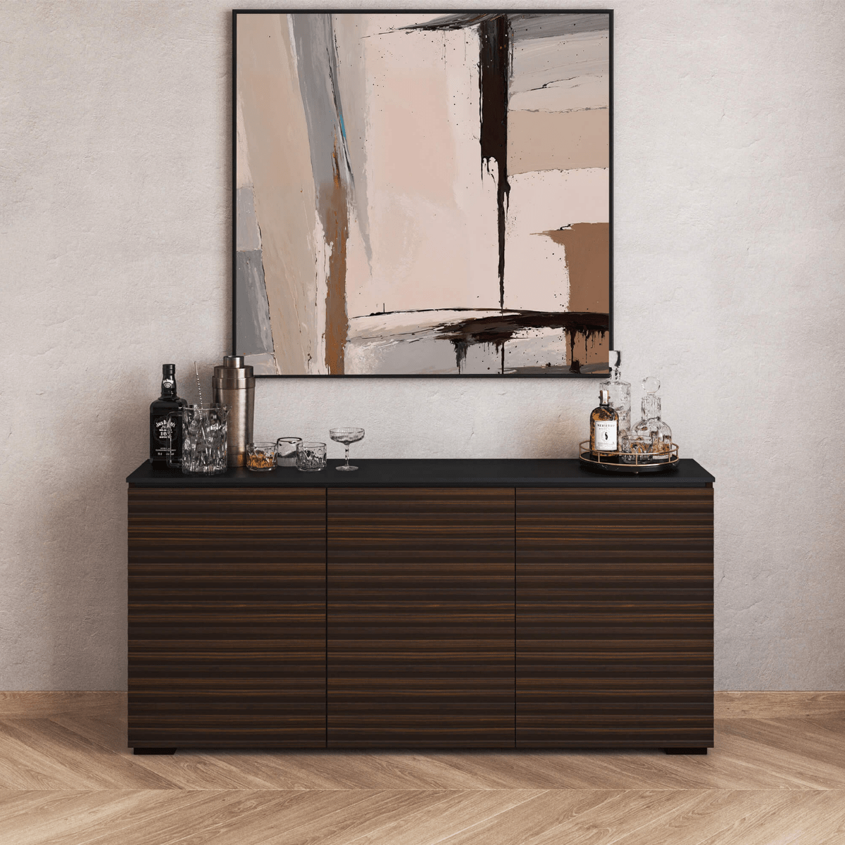 Salamander Designs Zurich media cabinet opium brown with black glass top modern AV cabinet 3 bay