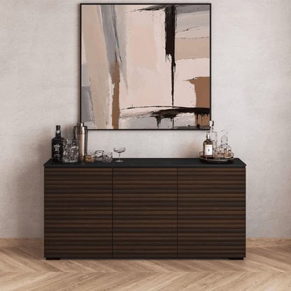 Salamander Designs Zurich media cabinet opium brown with black glass top modern AV cabinet 3 bay