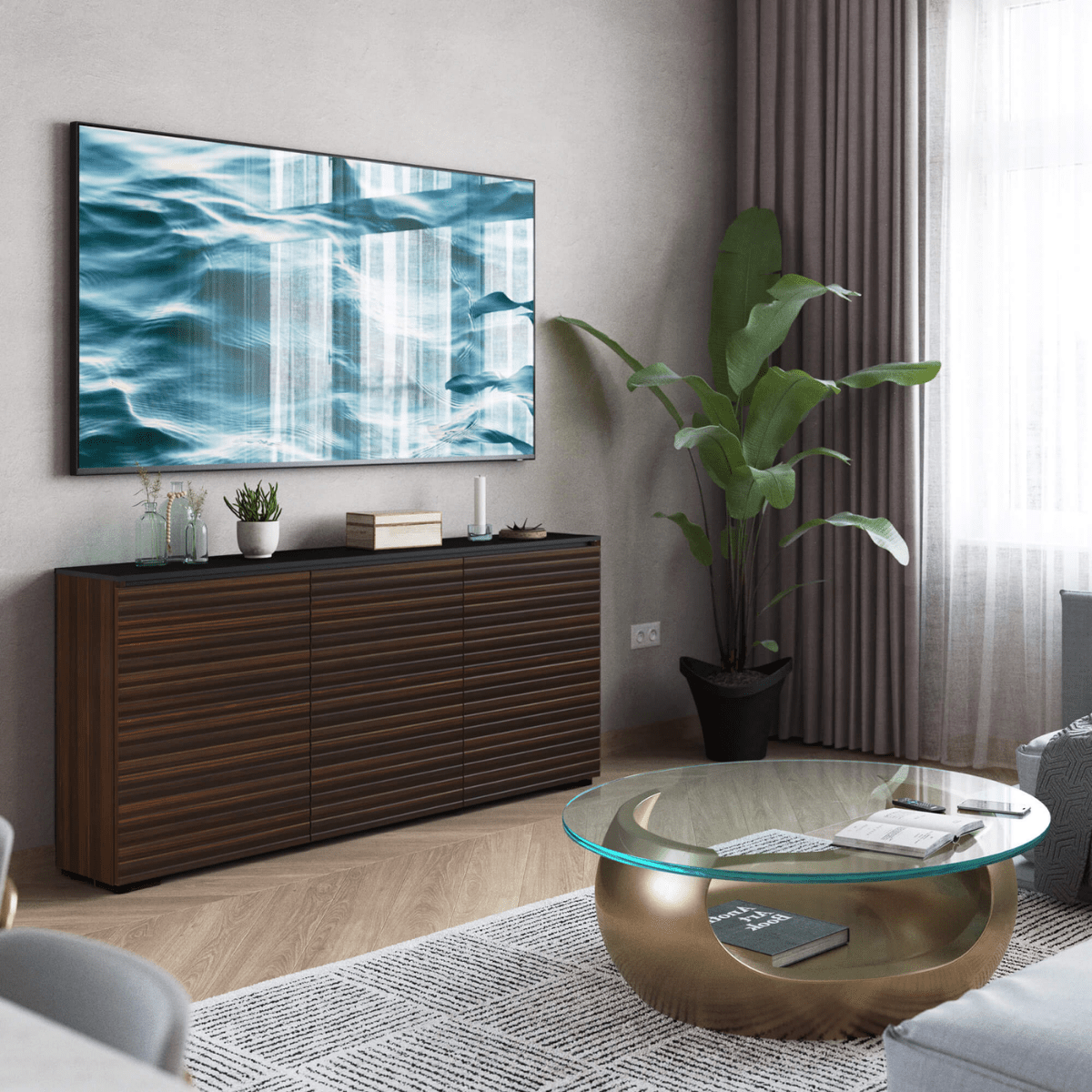Salamander Designs Zurich media cabinet opium brown with black glass top modern AV cabinet 3 bay