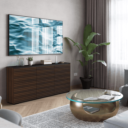 Salamander Designs Zurich media cabinet opium brown with black glass top modern AV cabinet 3 bay