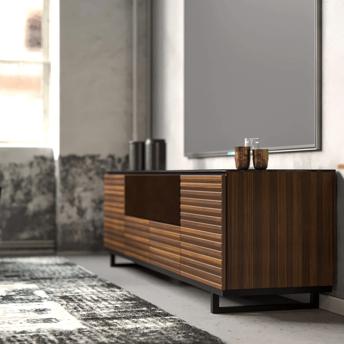 Salamander Designs Zurich media cabinet opium brown with black glass top modern AV cabinet 4 bay