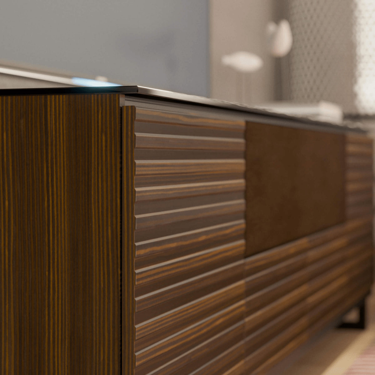 Salamander Designs Zurich media cabinet opium brown with black glass top modern AV cabinet closeup