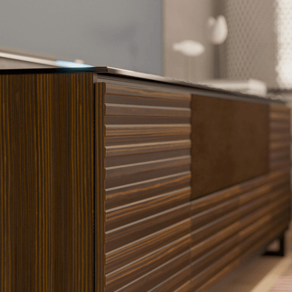 Salamander Designs Zurich media cabinet opium brown with black glass top modern AV cabinet closeup