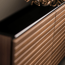 Salamander Designs Zurich media cabinet opium brown with black glass top modern AV cabinet closeup