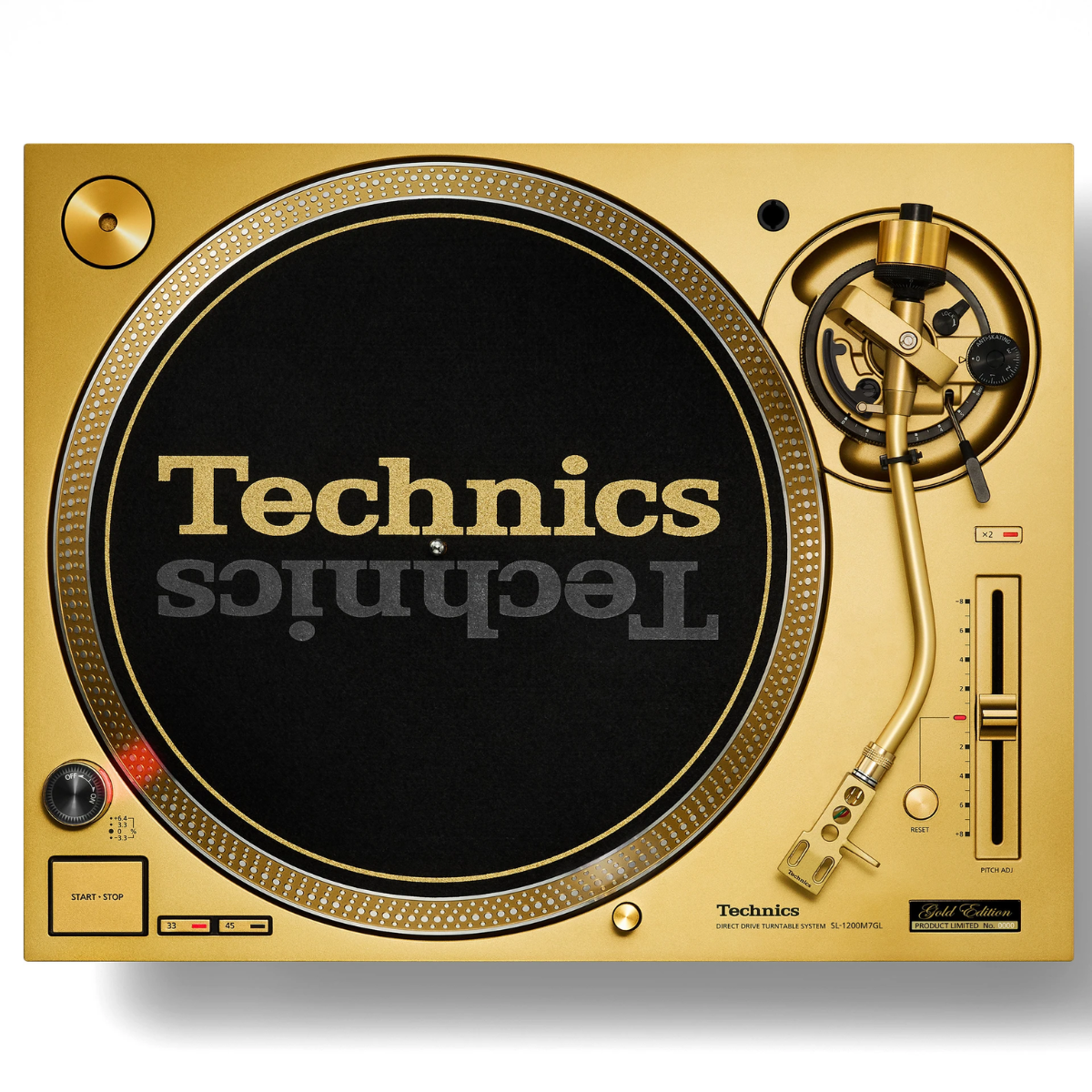 top view of Technics SL-1200M7G 55th Anniversary Gold Edition Turntable in Gold Color
