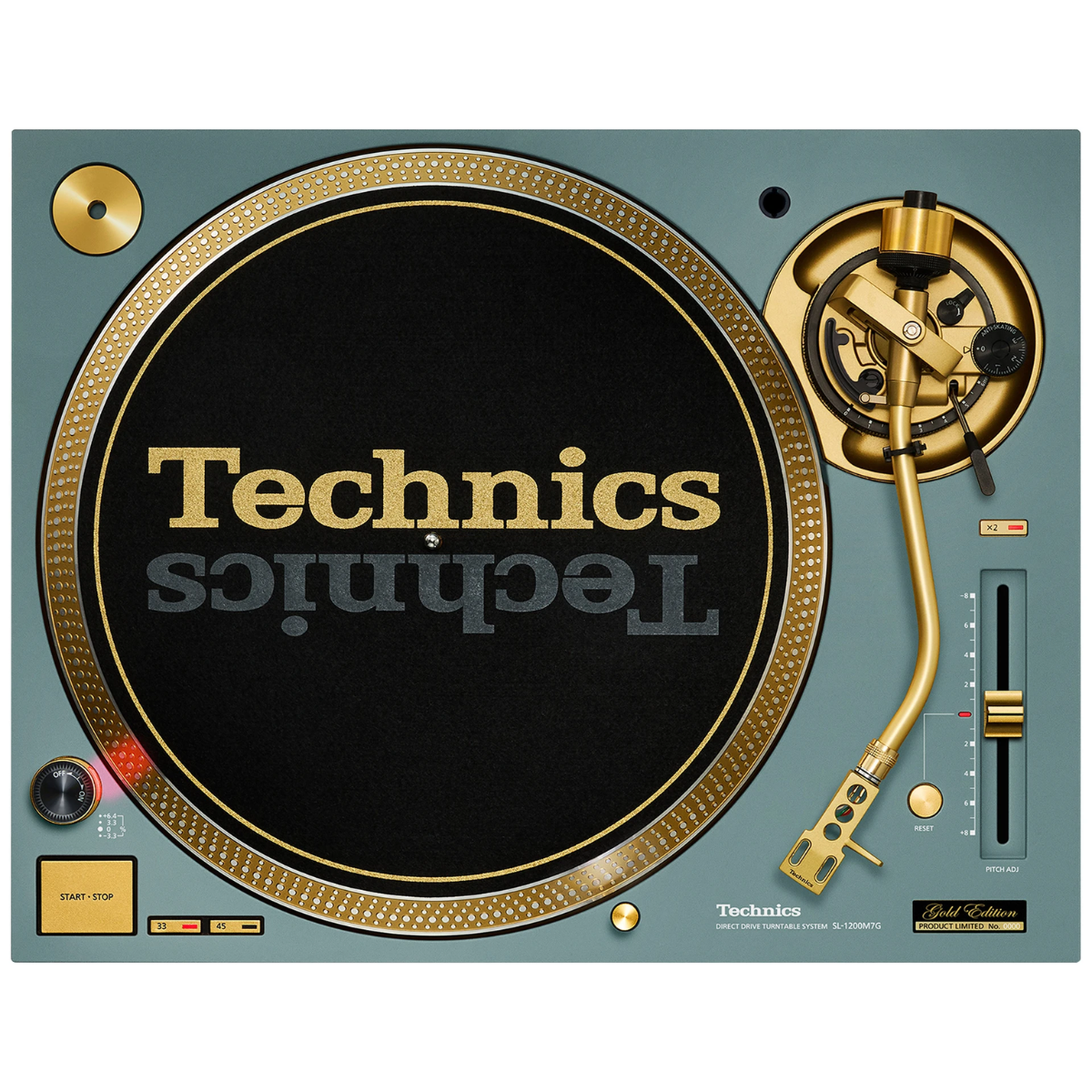 top view of Technics SL-1200M7G 55th Anniversary Gold Edition Turntable in green Color
