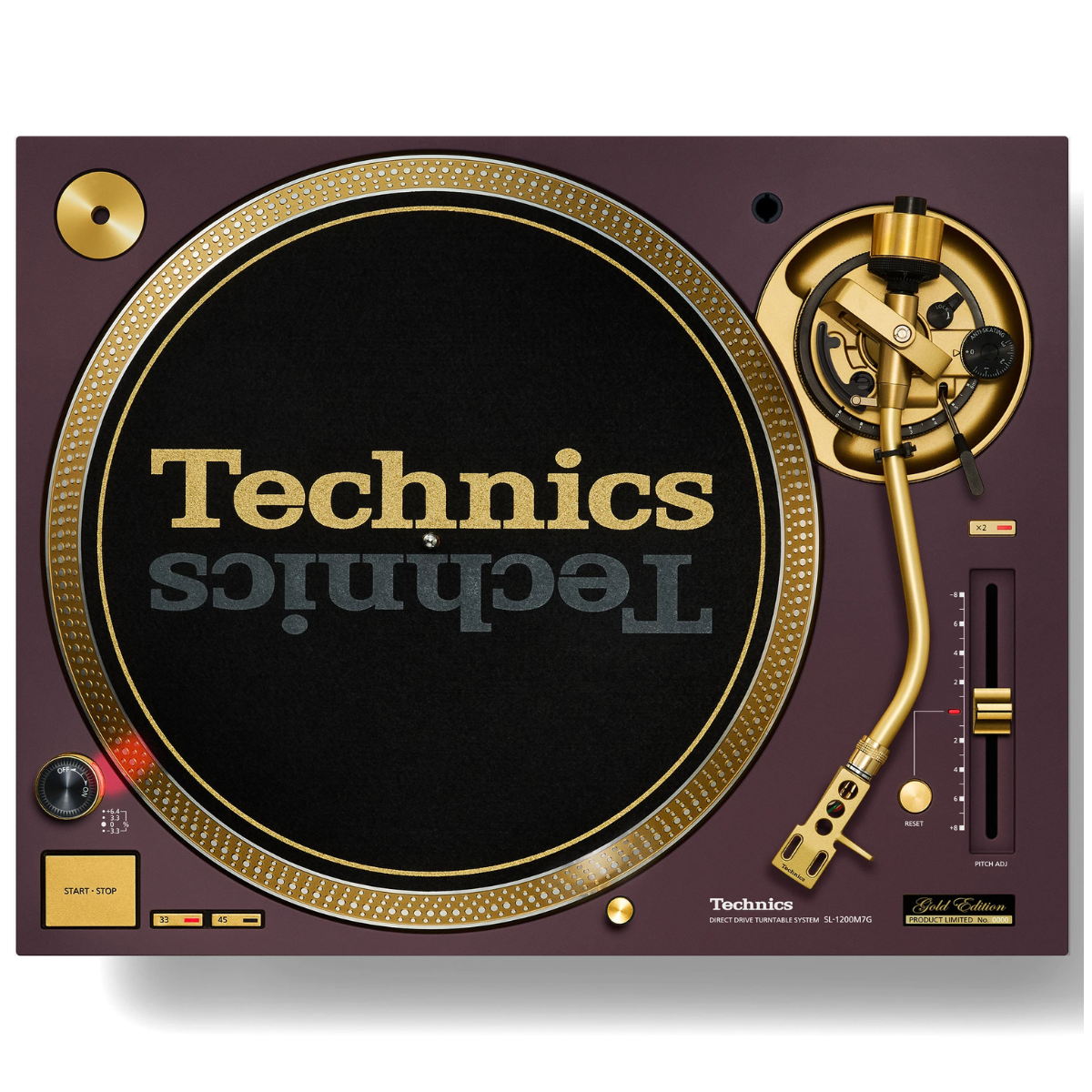 top view of Technics SL-1200M7G 55th Anniversary Gold Edition Turntable in Red Color
