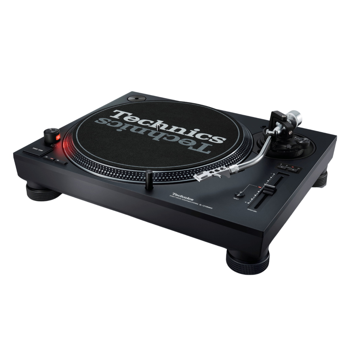 Technics SL-1210MKX turntable from a three-quarter angle, with the black chassis, illuminated start/stop and speed controls, S-shaped tonearm and height-adjustable isolation feet.