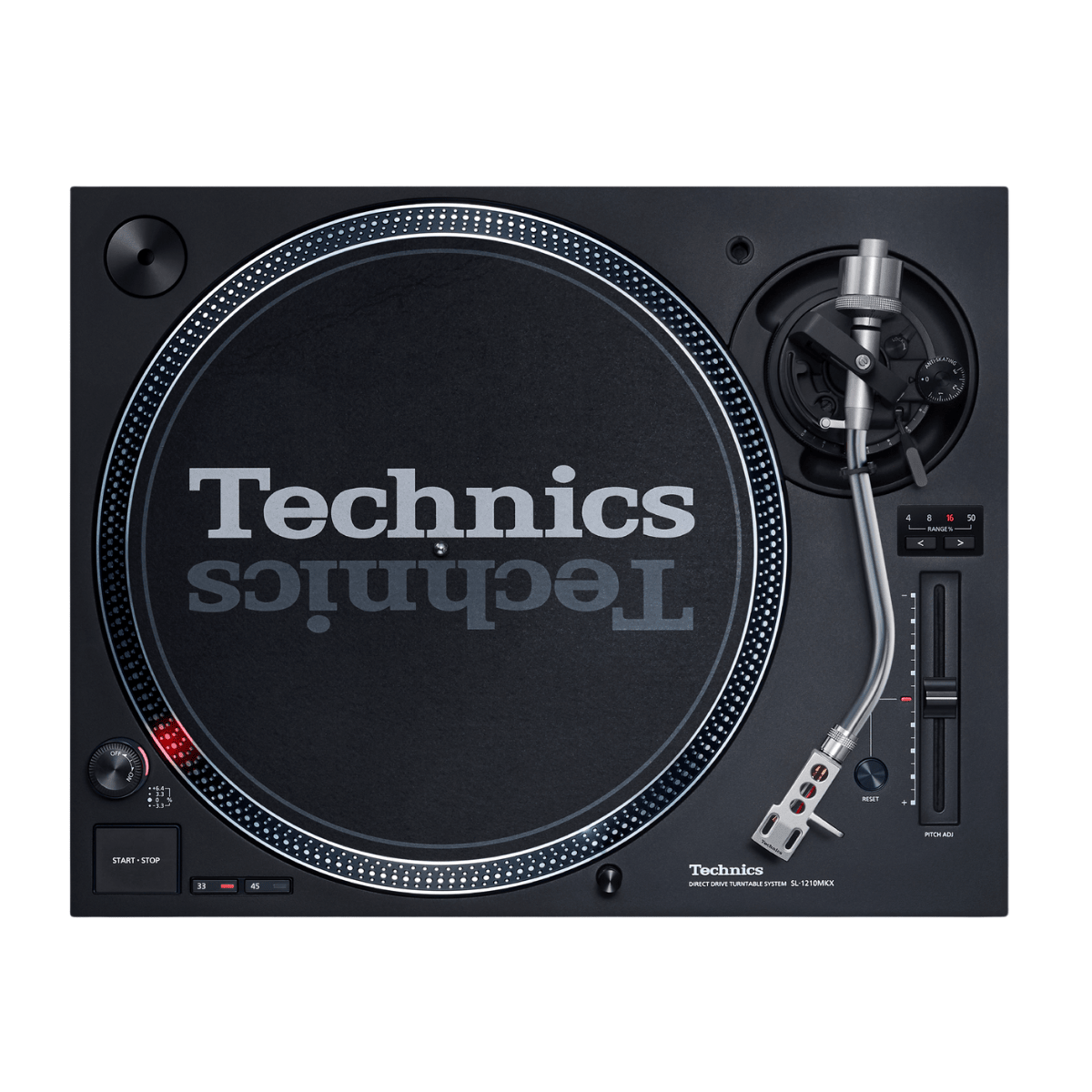 Overhead view of the Technics SL-1210MKX direct drive turntable in black, showing the Technics slipmat, strobe-dotted platter rim, S-shaped tonearm with silver headshell, pitch range buttons and pitch adjust slider.