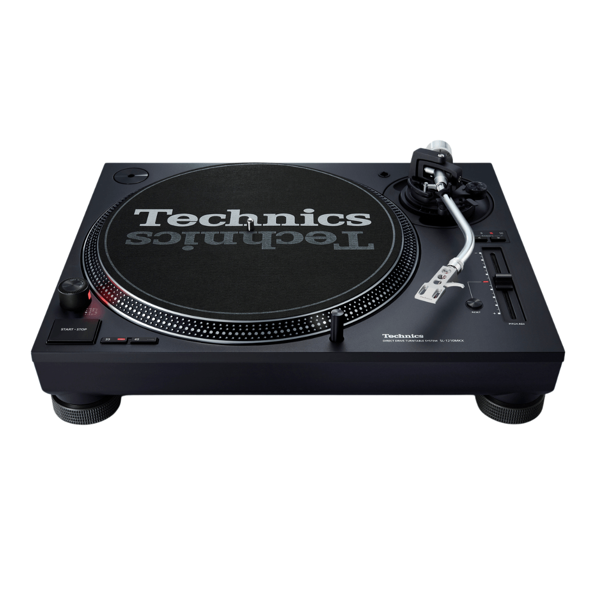 Front view of the Technics SL-1210MKX turntable in black, showing the Technics slipmat, start/stop button, 33 and 45 speed buttons, S-shaped tonearm and pitch adjust slider.