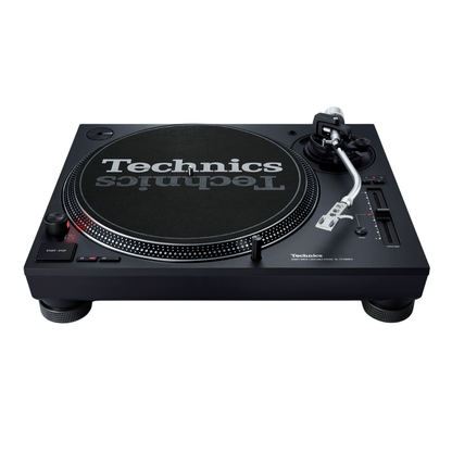 Front view of the Technics SL-1210MKX turntable in black, showing the Technics slipmat, start/stop button, 33 and 45 speed buttons, S-shaped tonearm and pitch adjust slider.